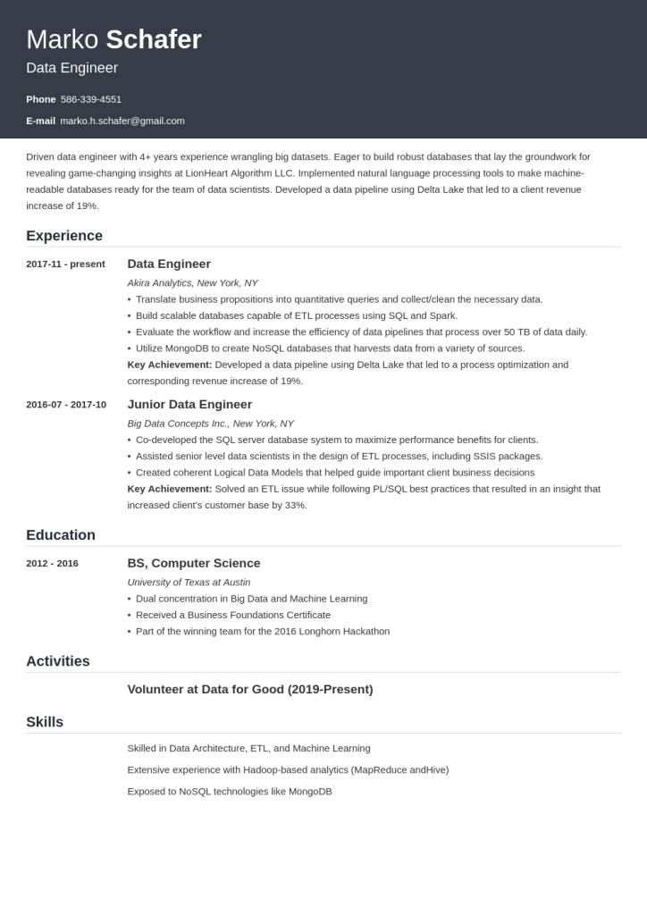 data engineer resume example template influx